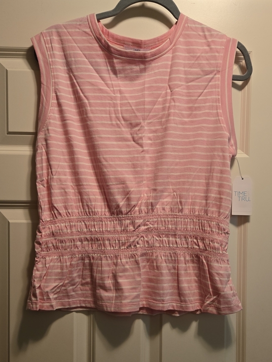 Time and Tru Tops - Time and Tru Pink and White Striped Sleeveless Peplum Top